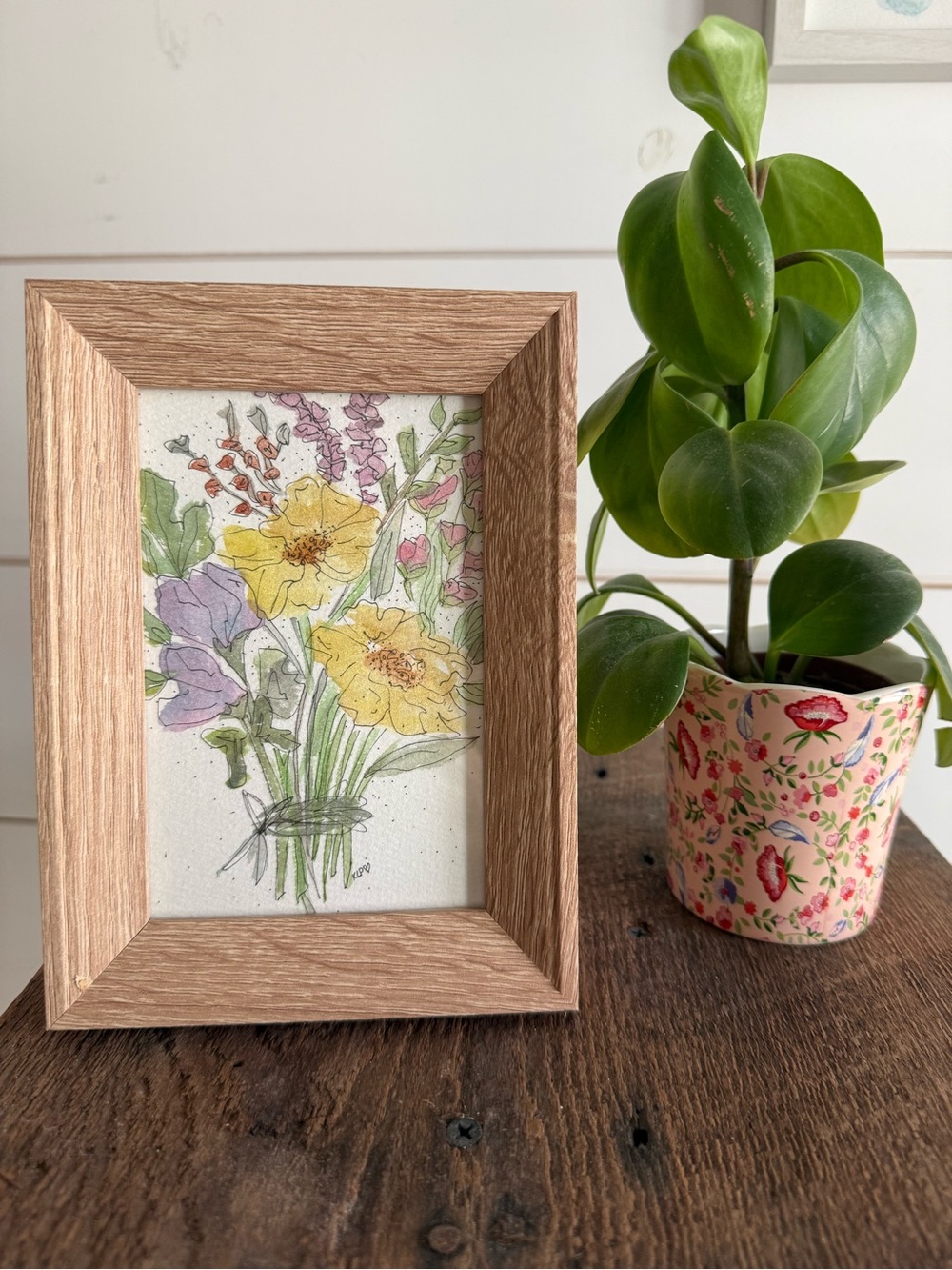 Hand crafted Floral Watercolor original in 4x6 Wood Frame